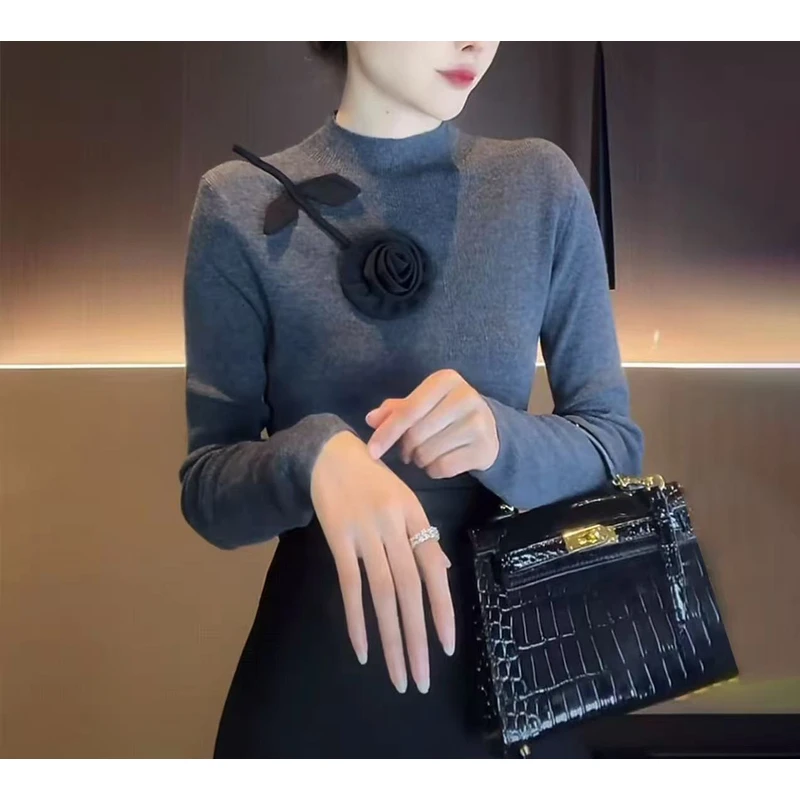 5571法式立体花朵长袖半高领针织衫女秋冬设计感小众修身内搭打底