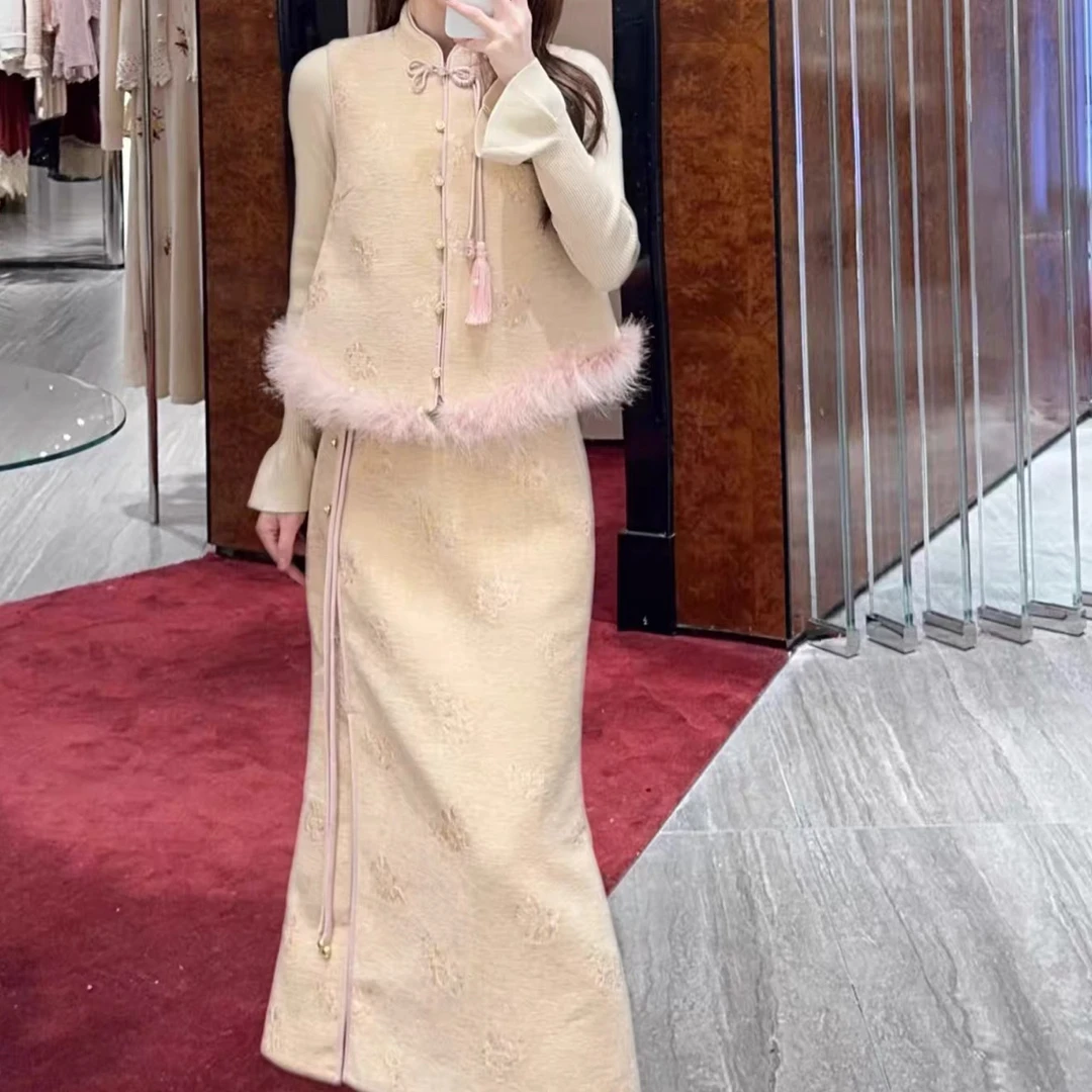 花颜新中式秋冬粉色温柔高端双面呢马甲套装