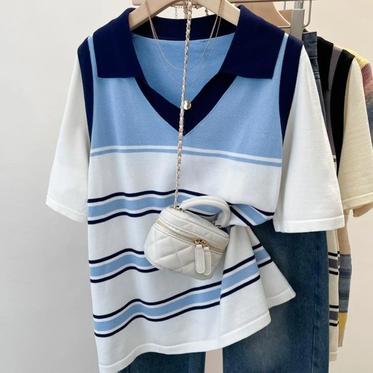 【80-180斤】翻领撞色条纹冰丝短袖T恤女夏季宽松遮肚减龄针织上衣