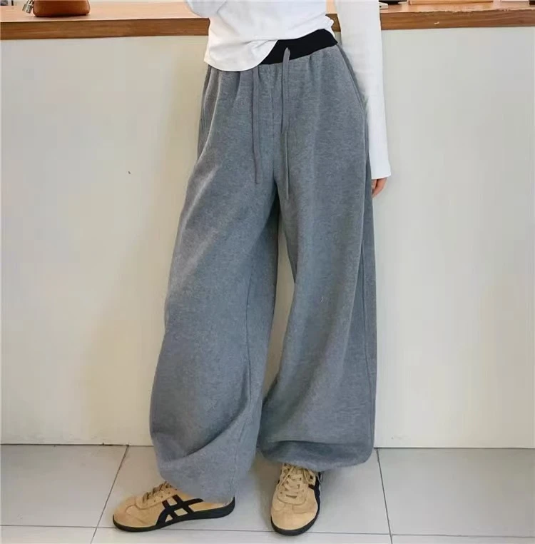 欧洲站秋冬季高级感拼色运动裤抽绳显瘦宽松弯刀卫裤休闲阔腿裤女