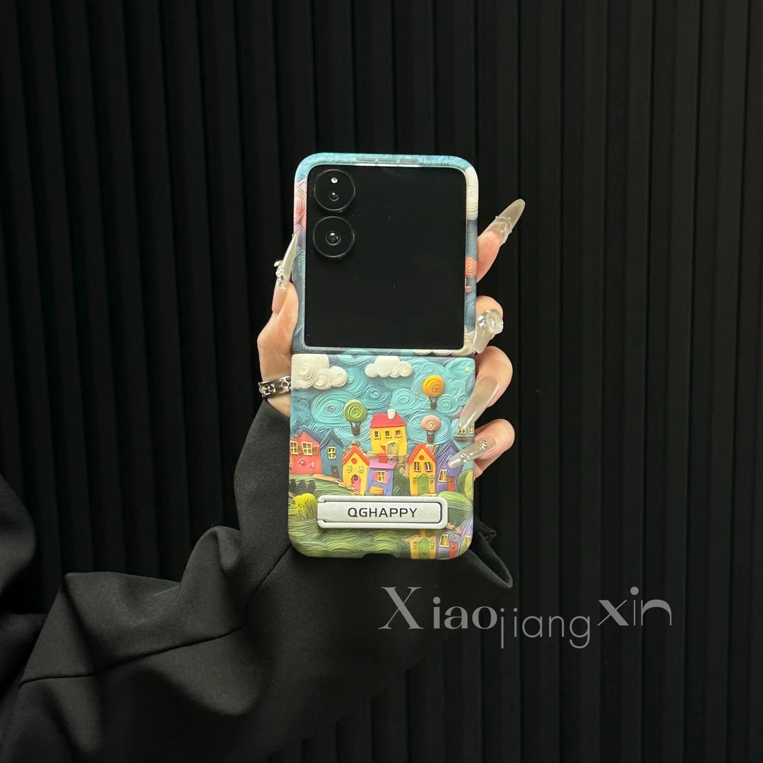 适用小米mixflip2折叠油画风小镇手机壳vivo可爱创意超薄华为oppo