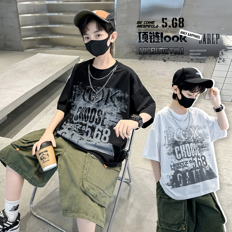 夏季男童韩版潮短袖薄款印花圆领宽松透气棉质T恤洋气上衣夏装