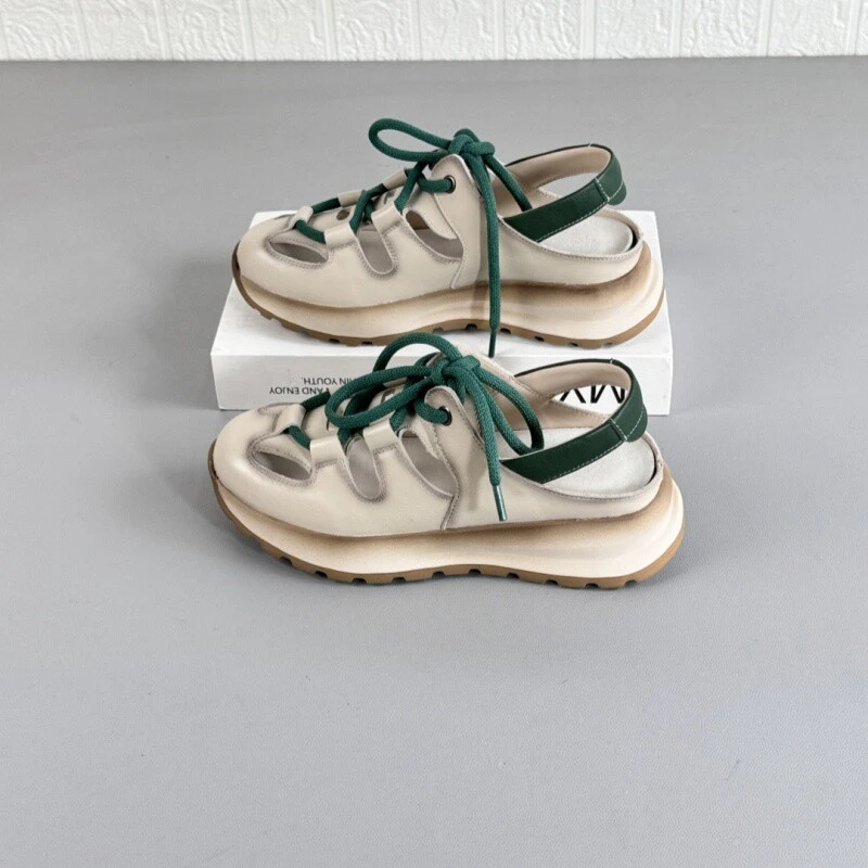 头层牛皮复古休闲凉鞋女2025夏季新款镂空透气百搭厚底软面凉拖鞋