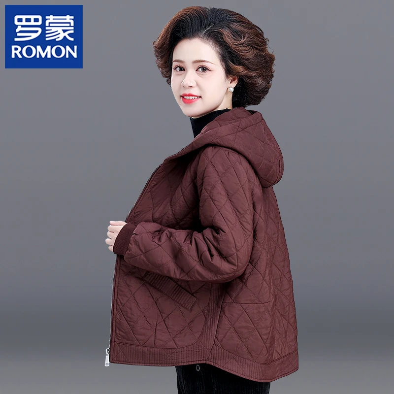 罗蒙妈妈春季休闲棉服新款洋气中年女连帽菱格外套中老年轻薄棉衣