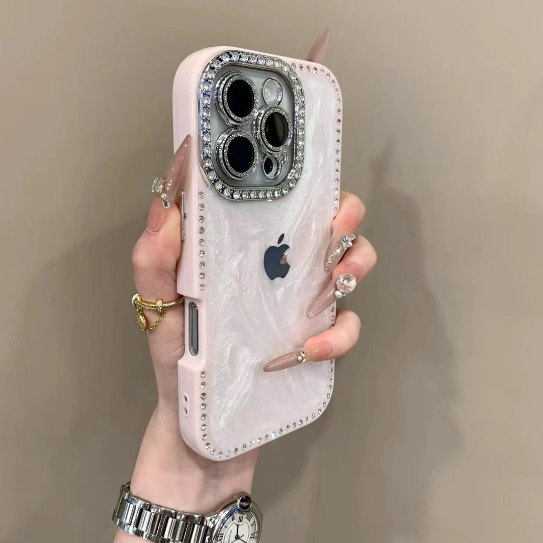 高颜值奶油闪钻边适用iPhone16pro苹果手机壳15promax时尚14防摔