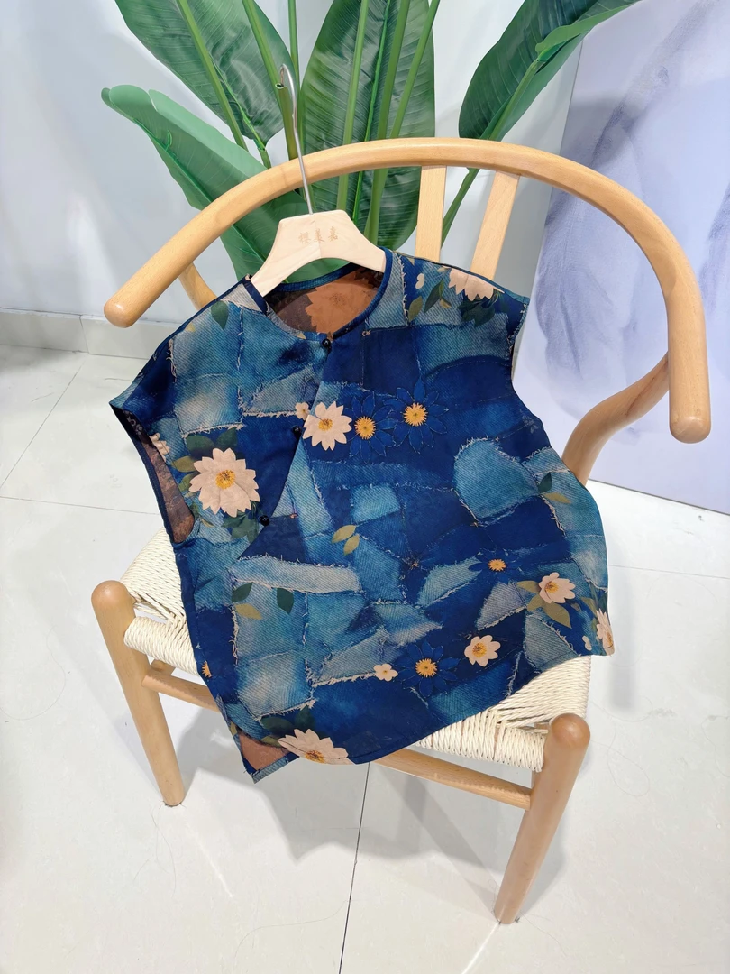 DY2775樱美嘉100桑蚕丝真丝圆斜襟盘扣落肩袖衬衫新中式睡莲