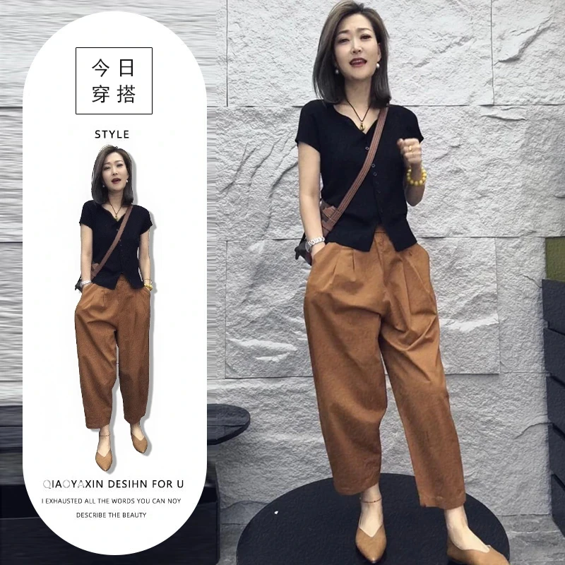 洋气炸街套装夏季新款时尚气质黑色短袖上衣高腰阔腿短裤两件套女