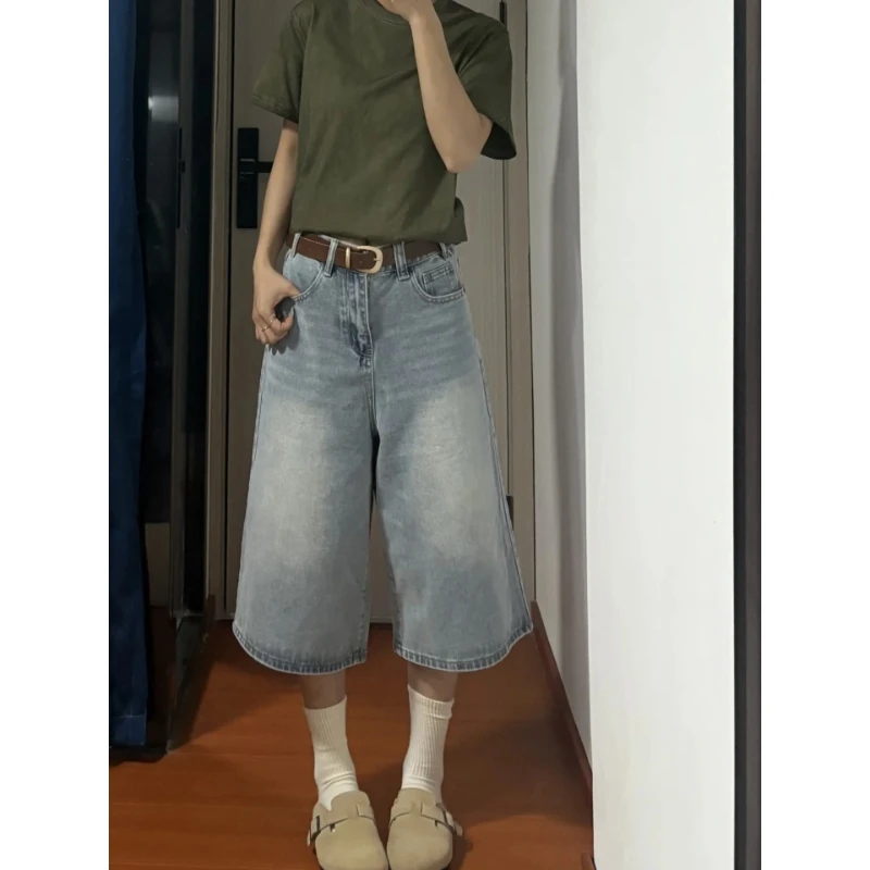 美式高街浅蓝色七分牛仔裤女2025夏季新款高腰宽松显瘦百搭阔腿裤