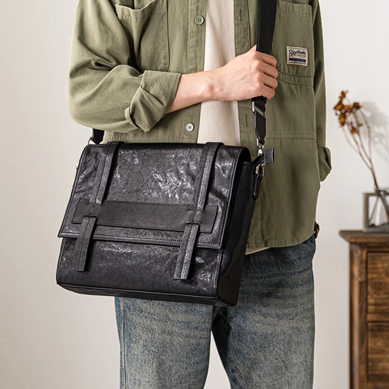 后步复古男士真皮邮差包植鞣牛皮单肩斜挎包大容量通勤休闲揹包男