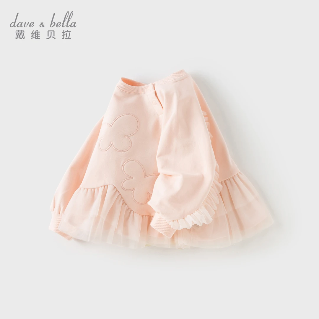 【25年秋】戴维贝拉儿童秋装新款女童长袖卫衣宝宝网纱拼接裙式上衣