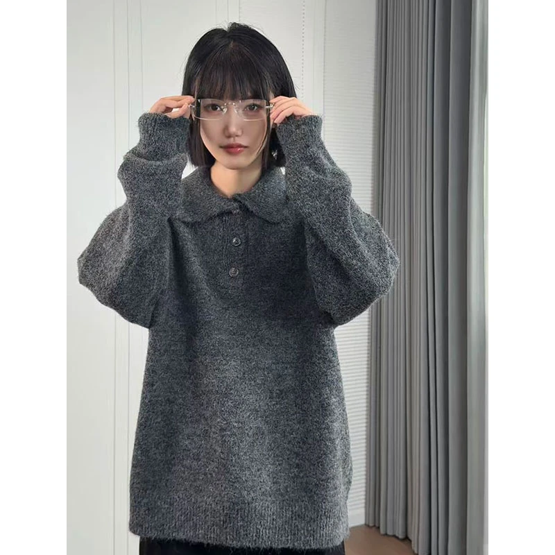 复古老钱风纯色POLO领针织衫男女秋季百搭慵懒感宽松休闲套头毛衣