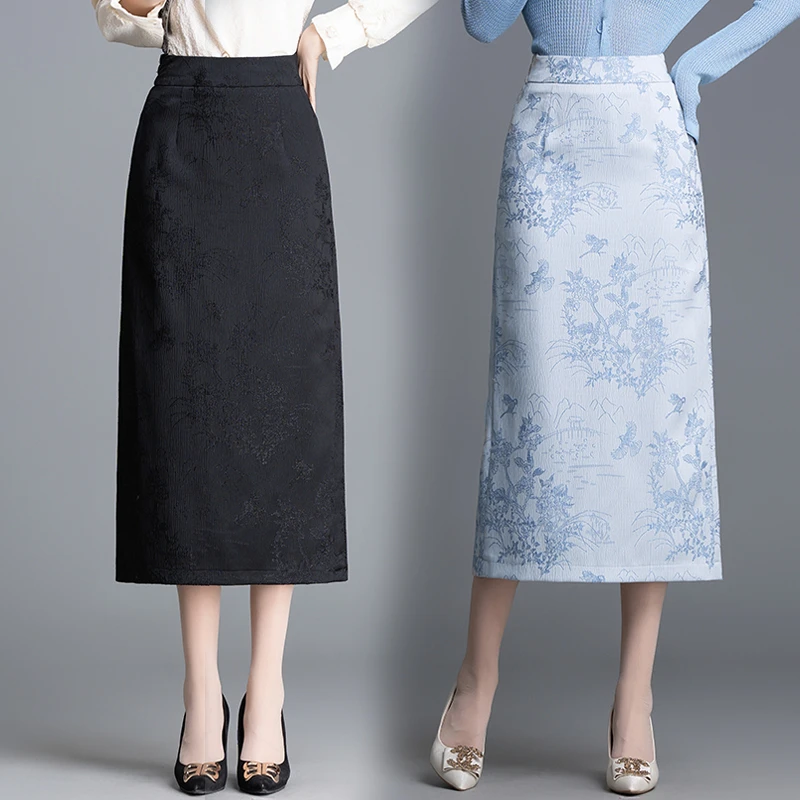 高腰提花半身裙中式显瘦包臀半裙开叉一步裙显瘦时尚春秋蕾丝裙