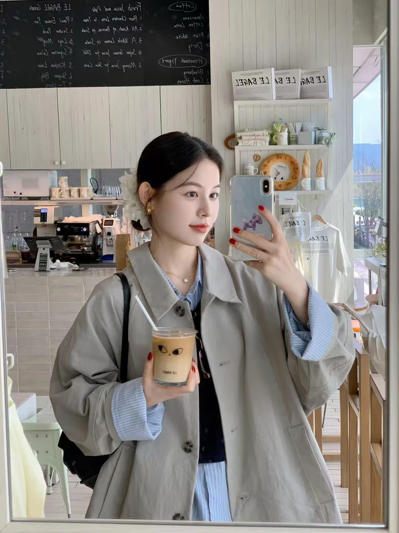 2025秋季新款韩系高级感中长款风衣外套条纹衬衫黑色马甲牛仔裙