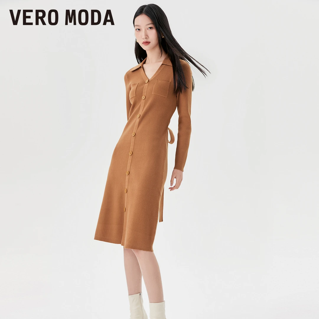 Vero Moda欧若风雅丹风时尚针织中长裙V领收腰显瘦百搭323146001