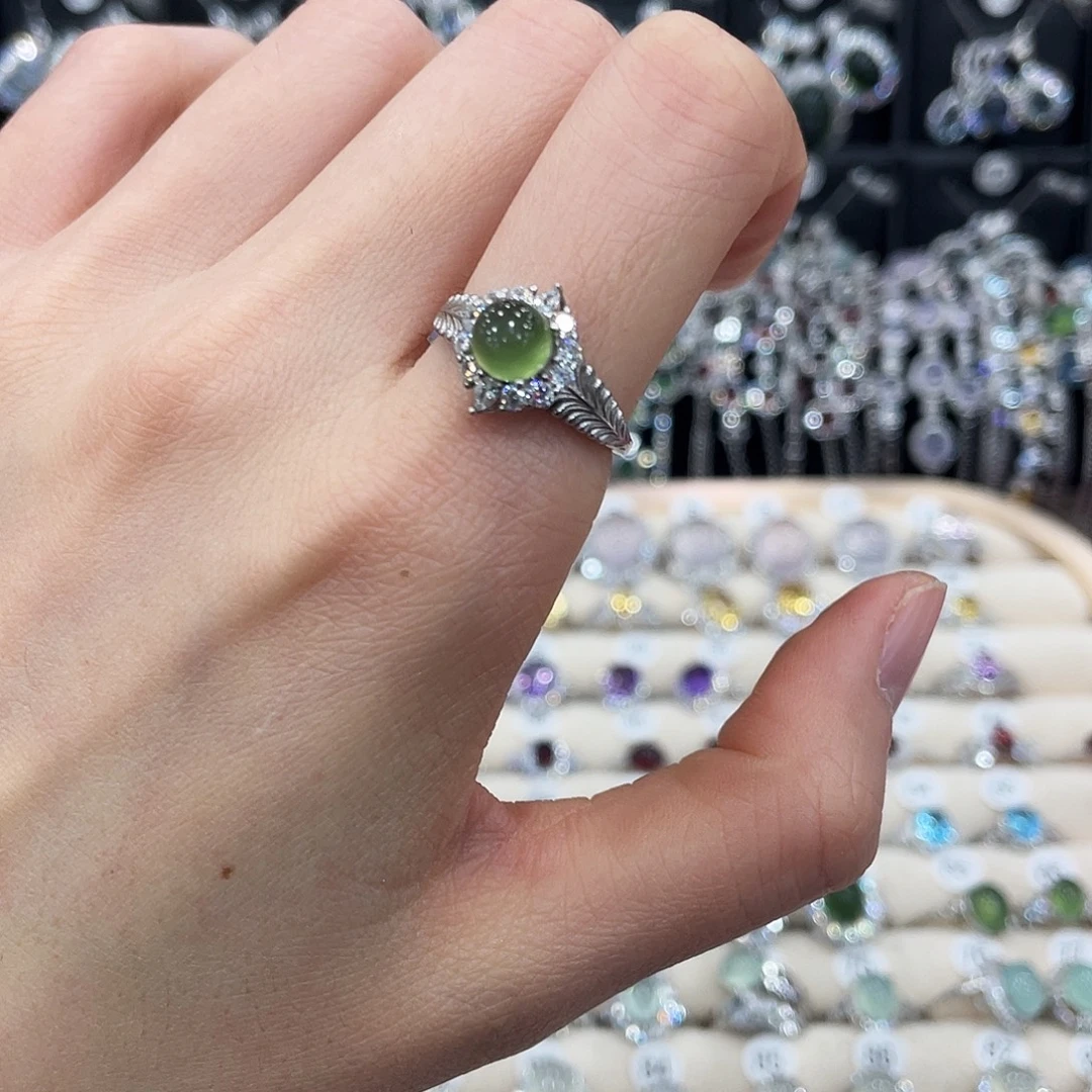 蛇纹石玉银S925镶嵌戒指戒指