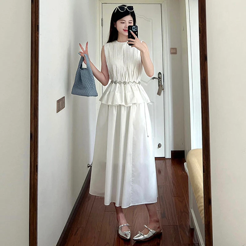 夏装搭配一整套裙装女2025新款白色减龄无袖上衣高腰半身裙两件套