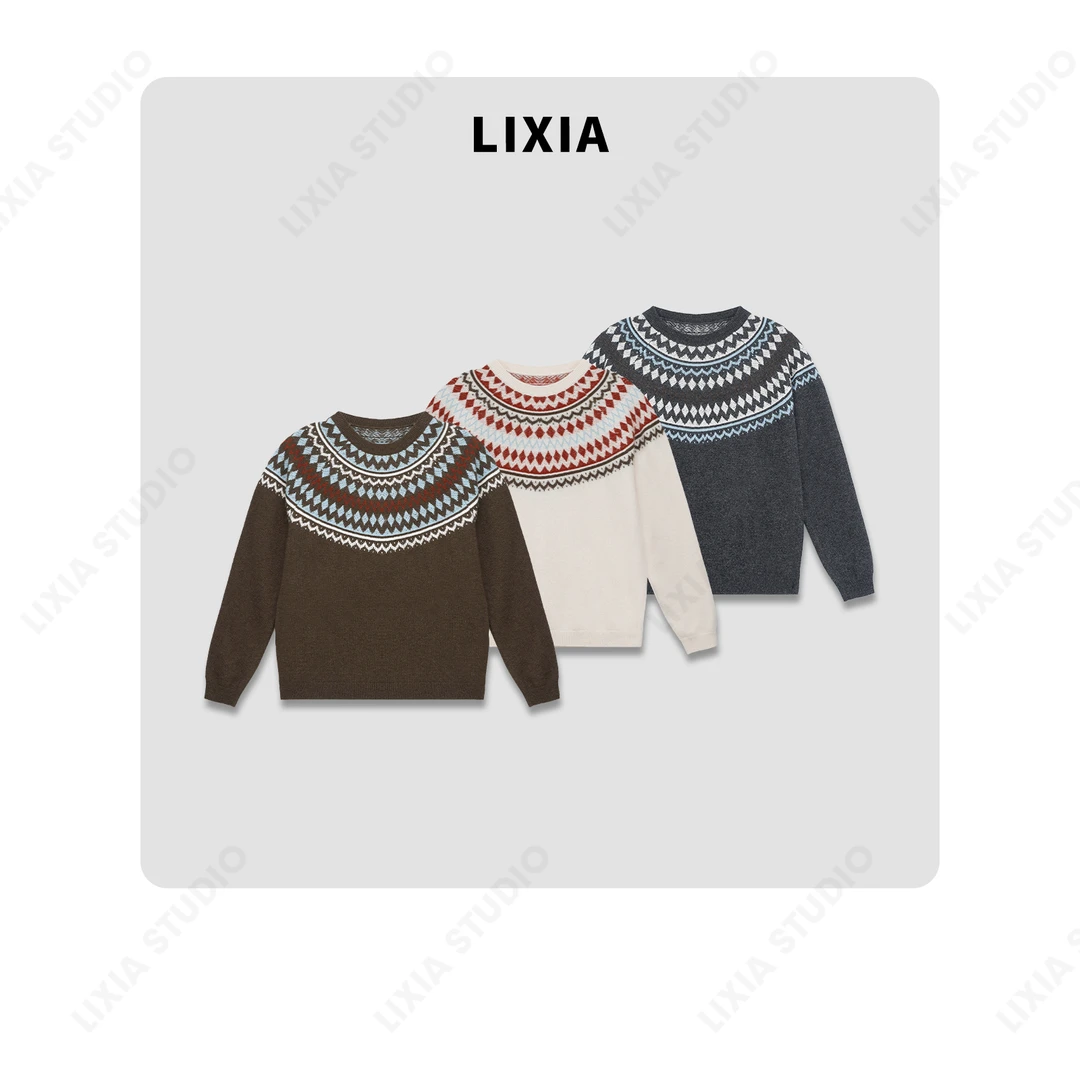 LIXIA【律动符号】费尔岛套头花纹含羊毛圆领拼色毛衣-A8282