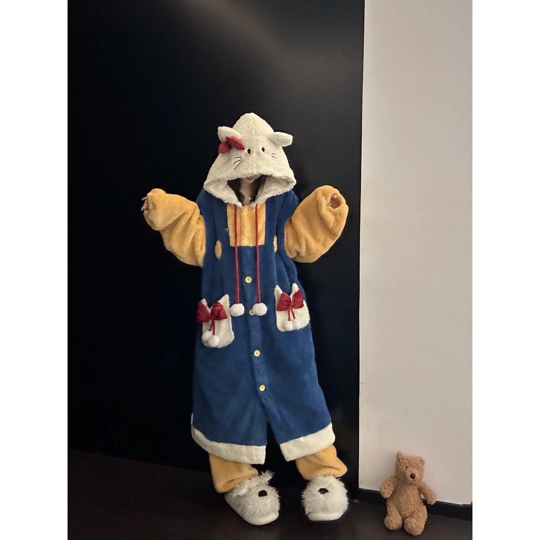 甜美可爱小猫连帽珊瑚绒睡衣女秋冬季新款加绒加厚保暖家居服套装