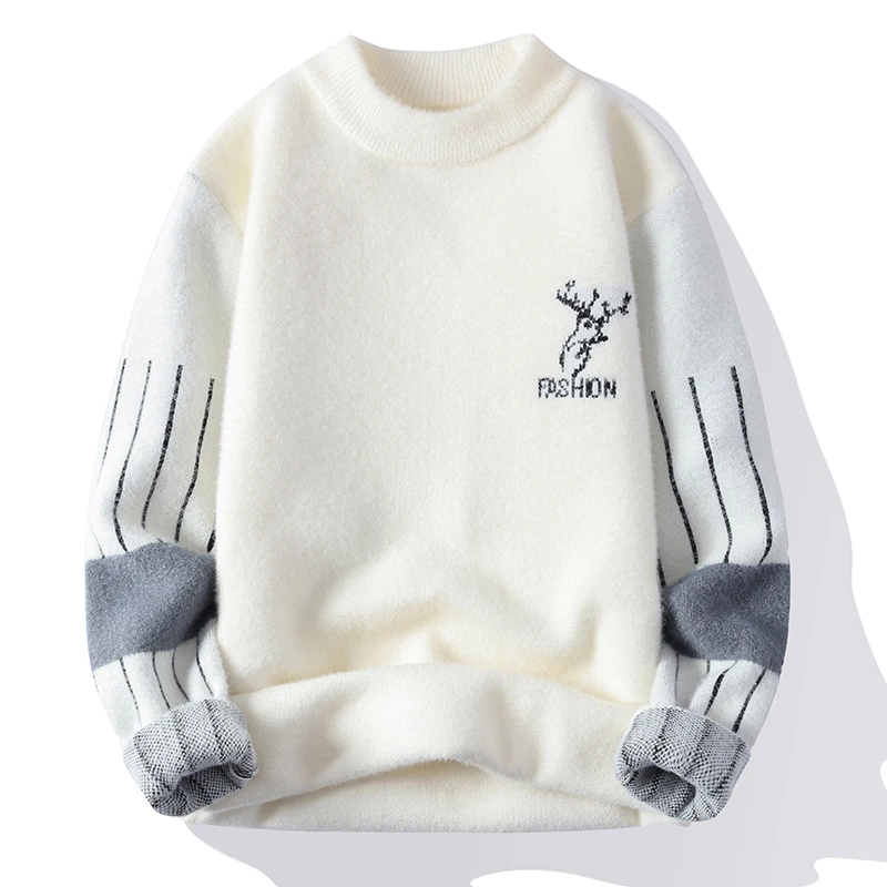 高级感小鹿刺绣白色半高领水貂绒毛衣男加绒加厚青少年保暖针织衫