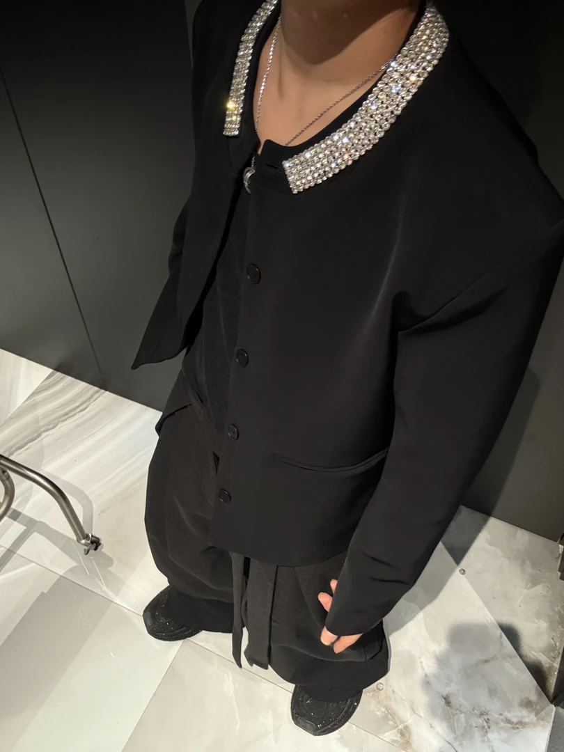 尚锋男装618镶钻韩式时尚上衣小众设计感短款常规版烫钻纽扣夹克
