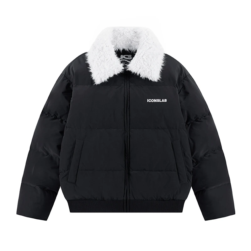 可拆卸毛领拼接印花外套