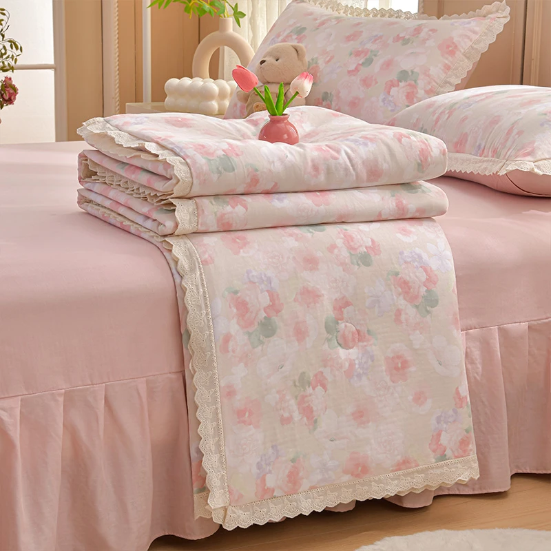 100%全棉双层纱夏被空调被夏凉被纯棉小清新碎花蕾丝花边薄款被子
