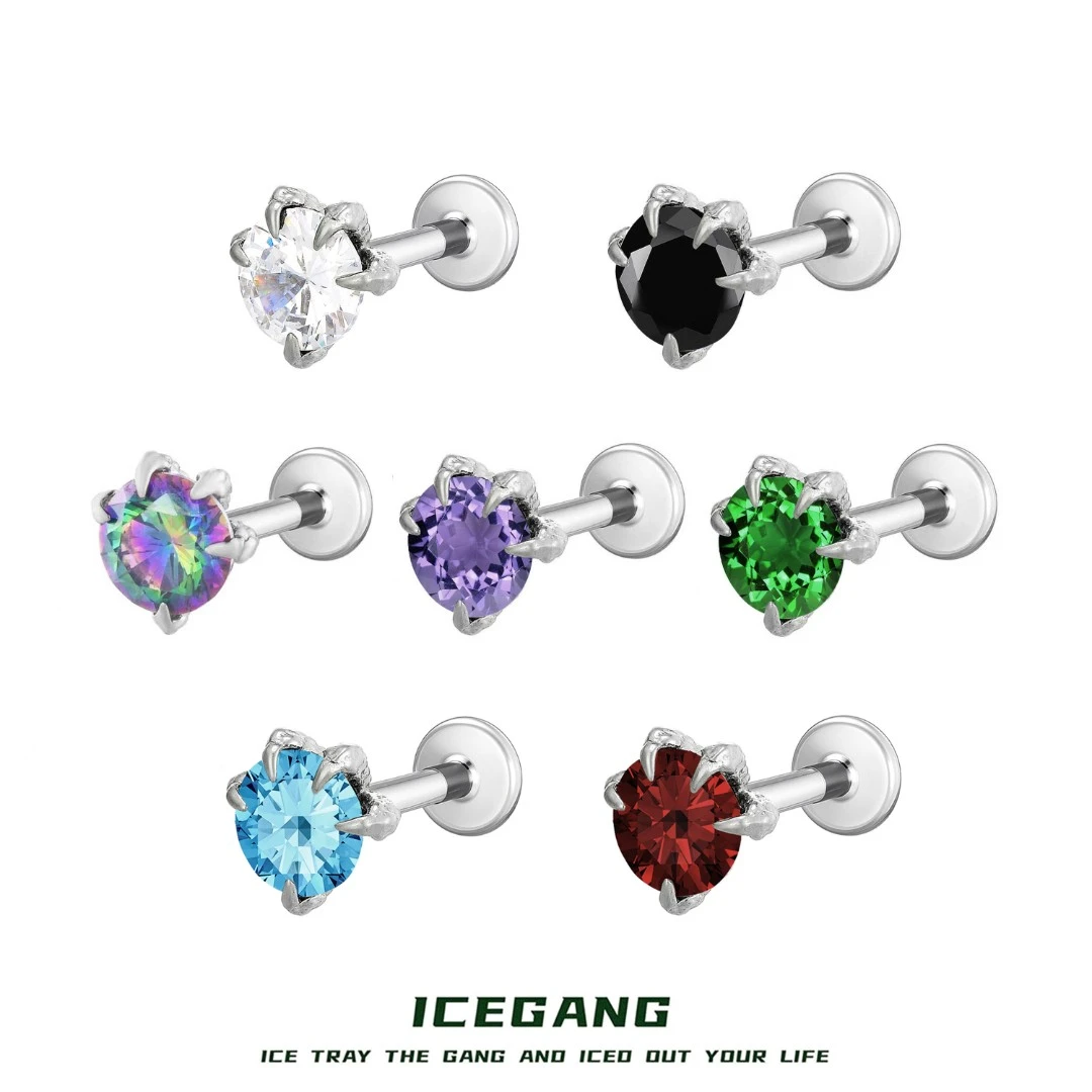 ICEGANG 钛合金合成锆石耳饰 F136钛合金龙爪耳钉五爪G23穿刺内螺