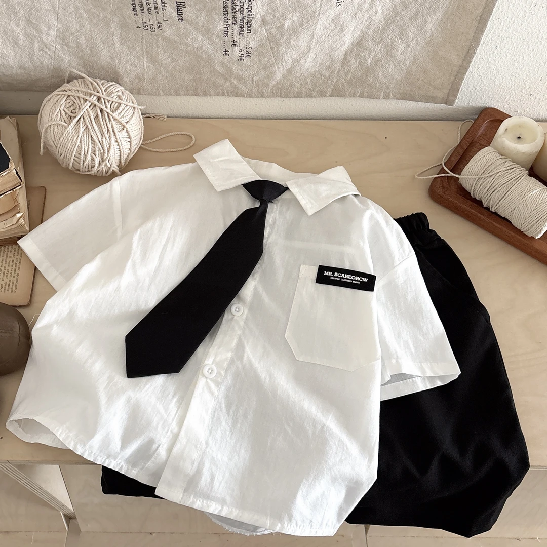 男童夏季套装2025新款儿童短袖衬衫时髦薄款宝宝夏装两件套衣服