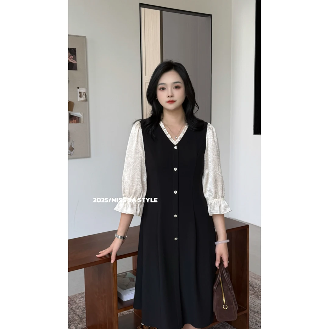 MISS SA 秋季新款气质款显瘦时髦撞色修身连衣裙 25089219