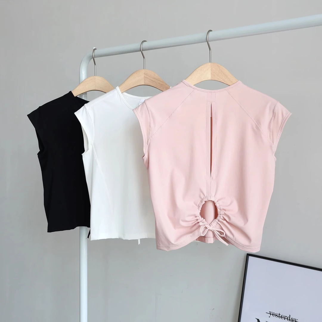 瑜伽服短袖女夏季镂空美背抽绳褶皱运动上衣罩衫跑步透气健身服