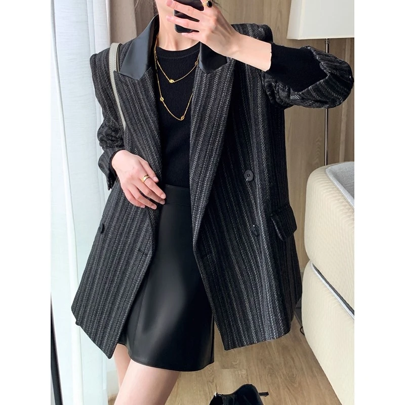 大码条纹西装显瘦呢子大衣2025秋冬胖妹mm气质女神范短款毛呢外套