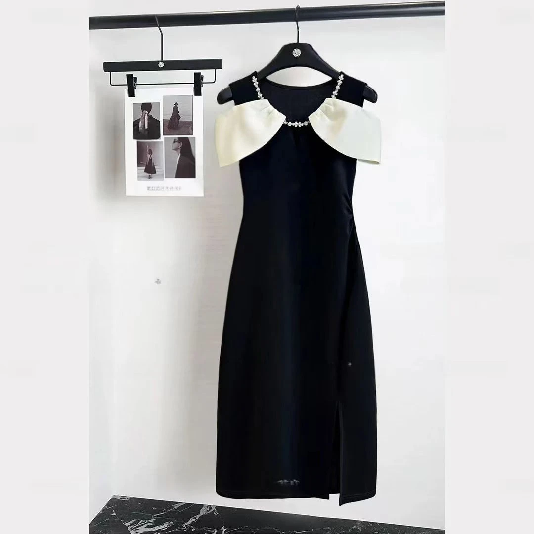 优雅气质连衣裙2025夏季高端精致拼色露肩显瘦裙子