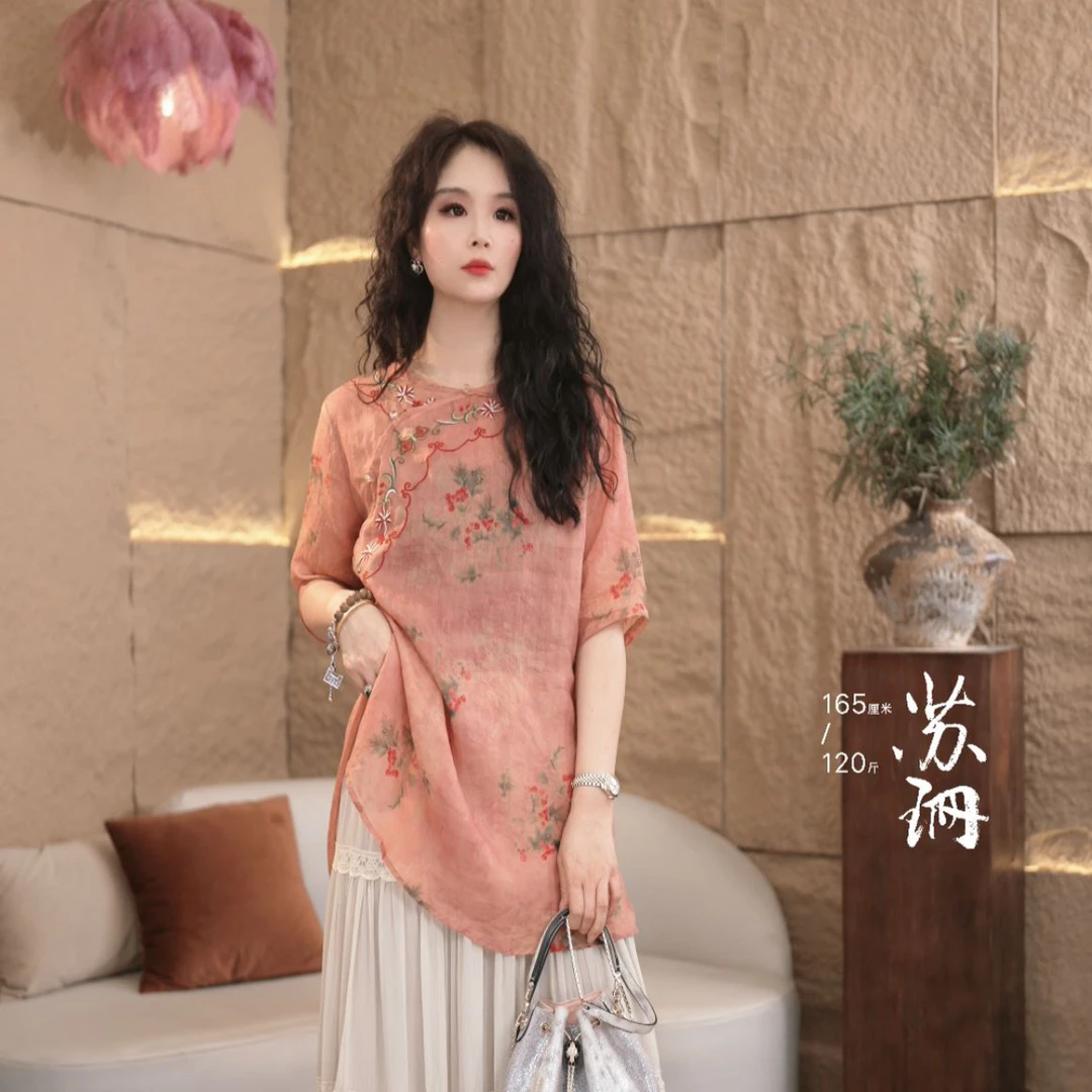 苏珊｜原著 【微光】重工精致刺绣优雅显白花色苎麻气质上衣 1142