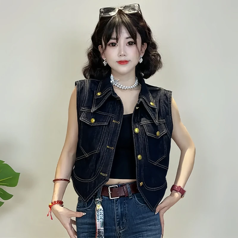 高含棉时尚复古牛仔马夹女2025年春秋新款小个子宽松坎肩无袖上衣