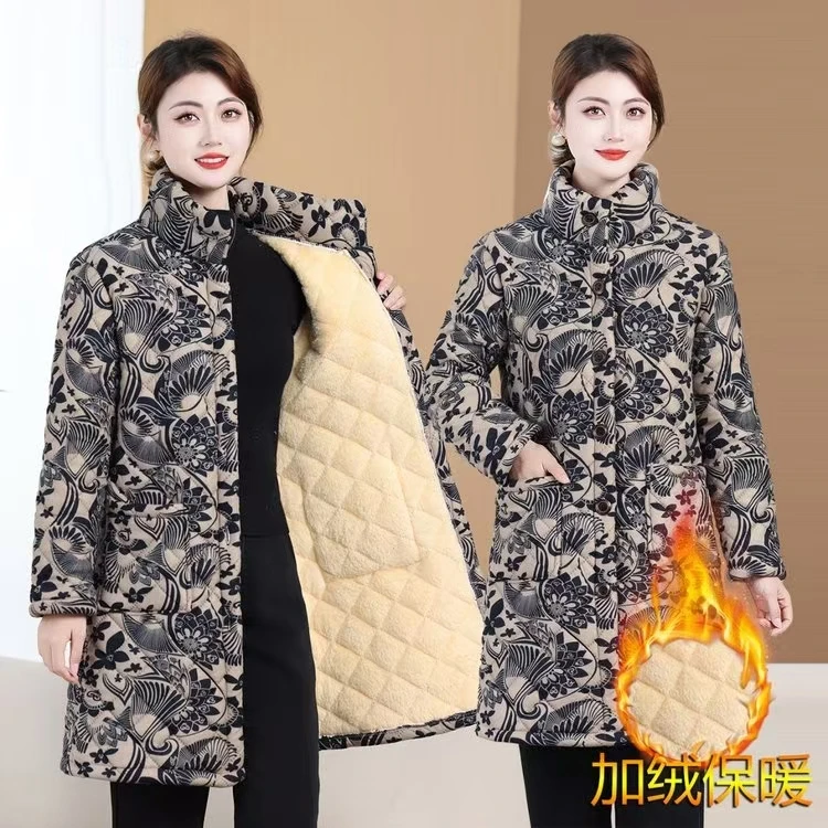 冬季新款妈妈装加绒加棉保暖显瘦洋气棉衣棉服立领