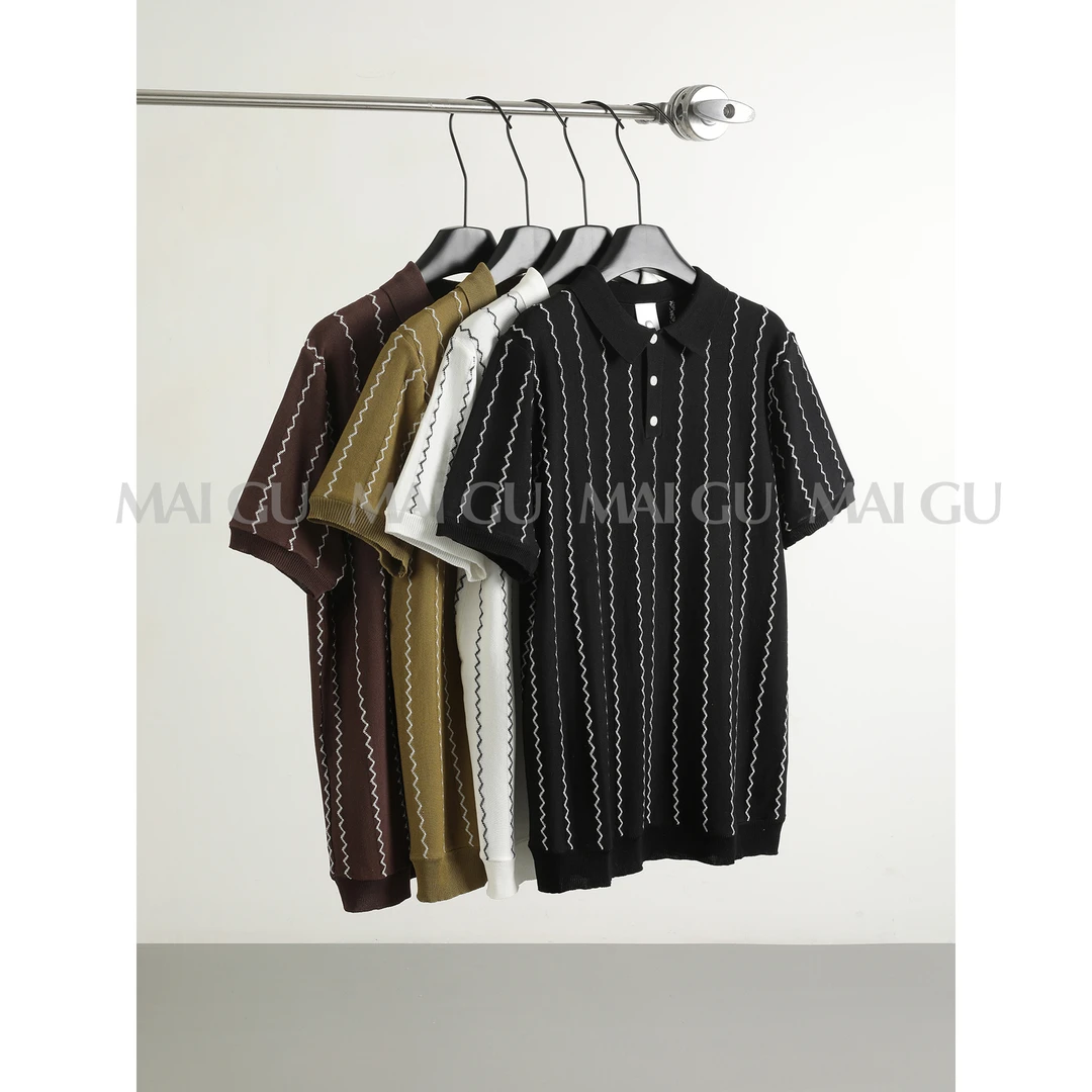 【MAIGU】男士夏季原创高定奢感POLO衫透气冰丝针织曲条纹翻领短袖