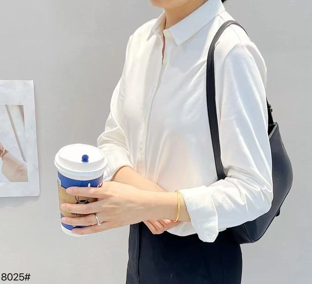 精梳棉弹翻领衬衫女长袖显瘦休闲上衣衬衣春装新款上衣