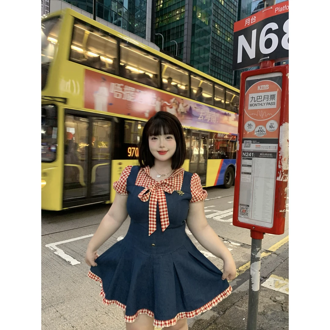 雪雪【樱桃果酱】格子拼接绑带夏季短裙泡泡袖连衣裙收腰减龄裙子女