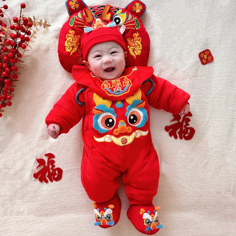 蛇年满月百天宝宝衣服周岁服婴儿连体衣秋冬夹棉哈衣红色5369