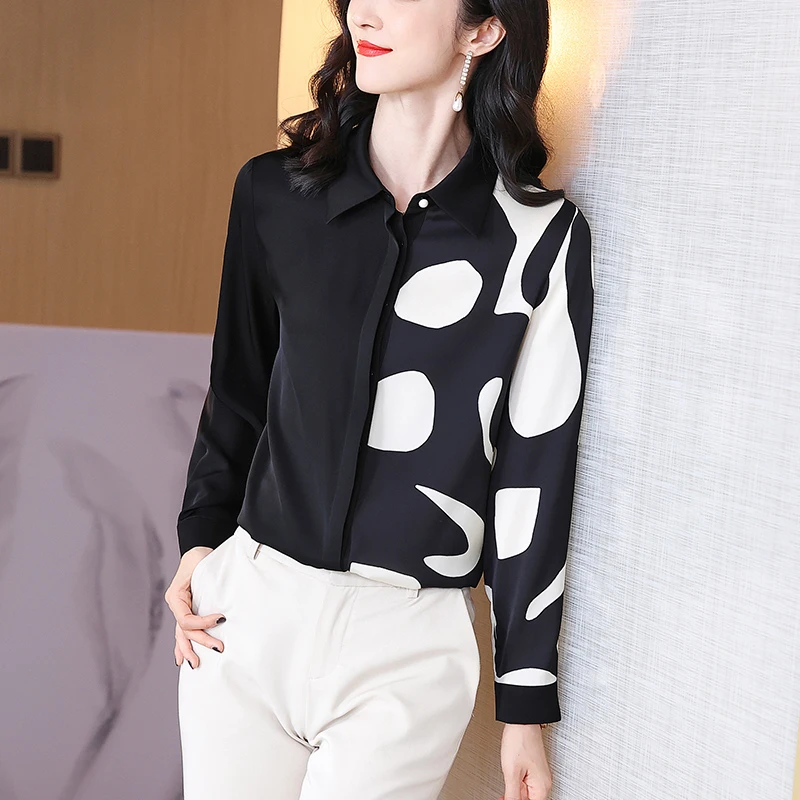 重磅桑蚕丝弹力双乔长袖衬衫女真丝黑白印花翻领显瘦衬衣9577