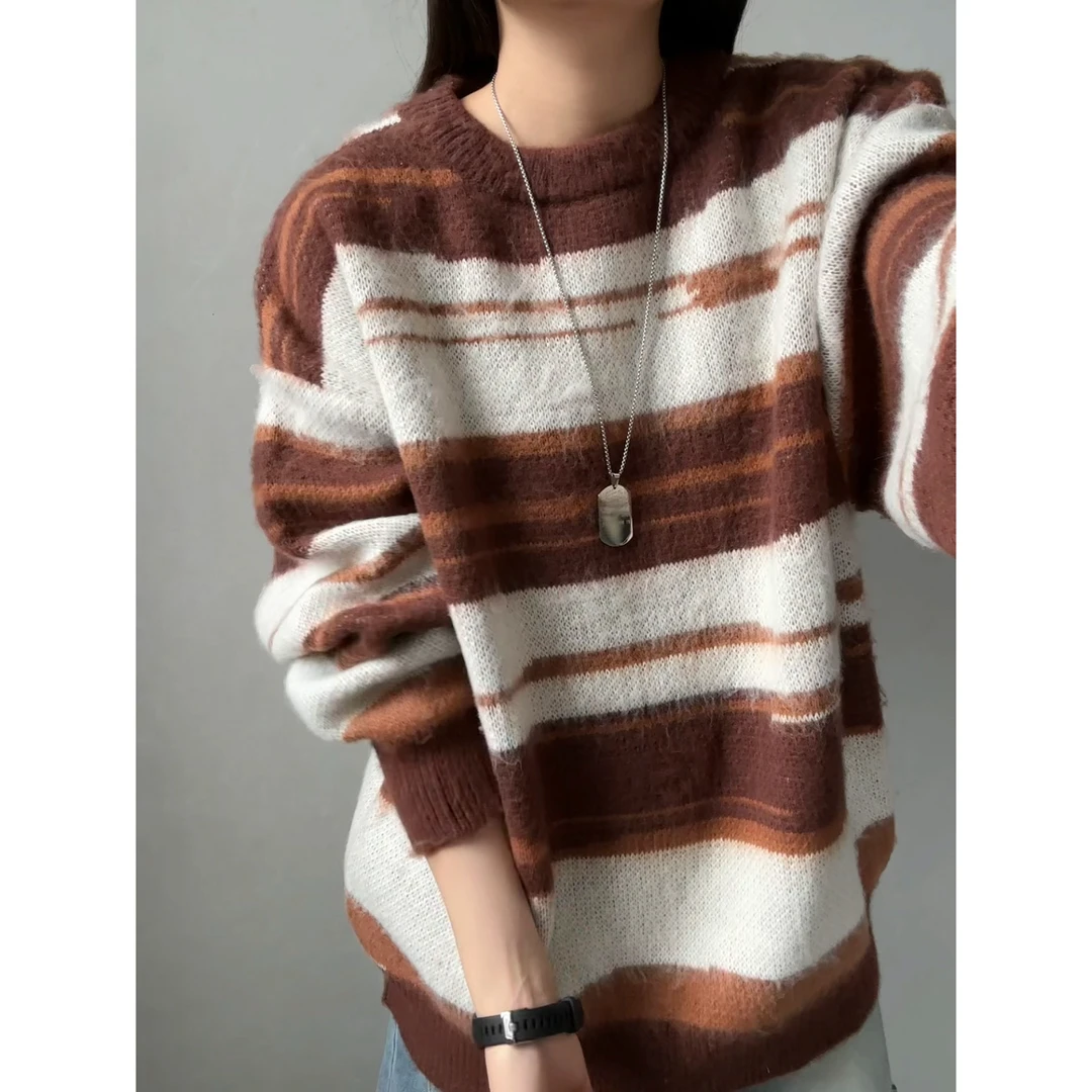 美式复古圆领毛衣男秋冬休闲撞色条纹针织衫宽松松弛感情侣打底衫