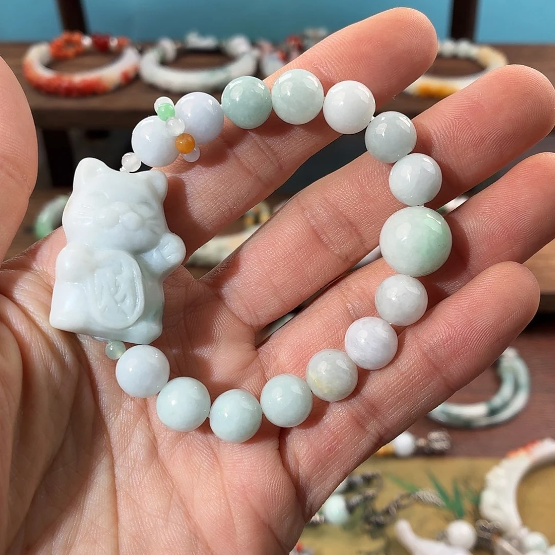 翡翠未镶嵌手镯缅甸翡翠设计款招财猫手串