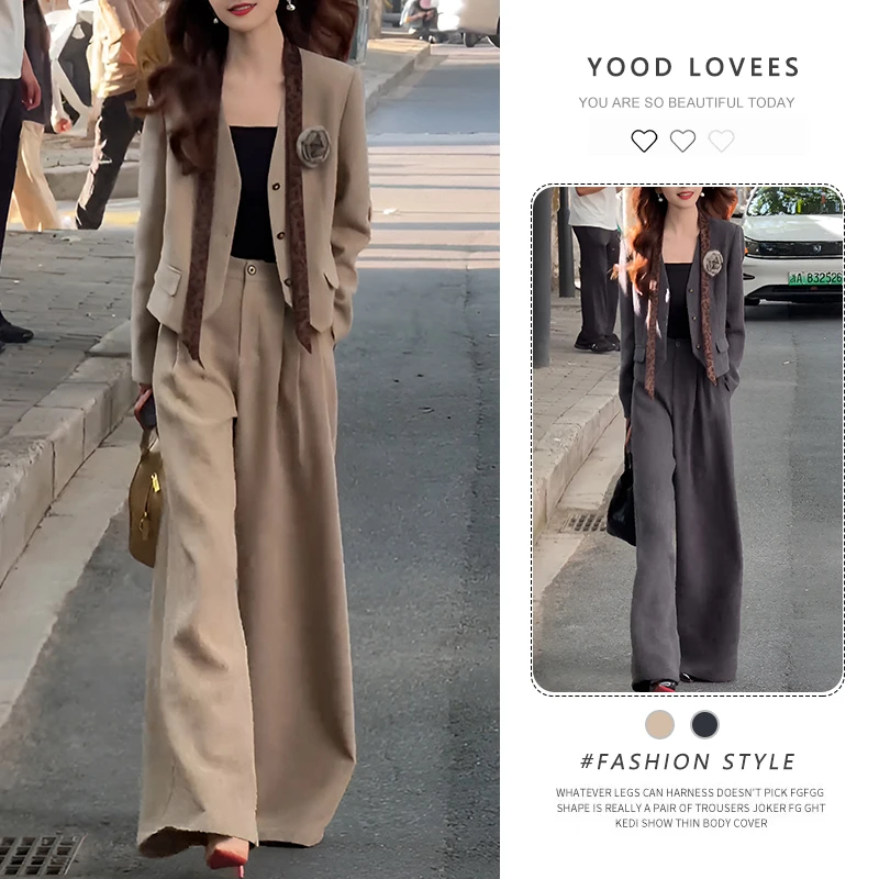 【送胸花】春秋新款洋气西装外套打底背心时尚领带气质阔腿裤五件套
