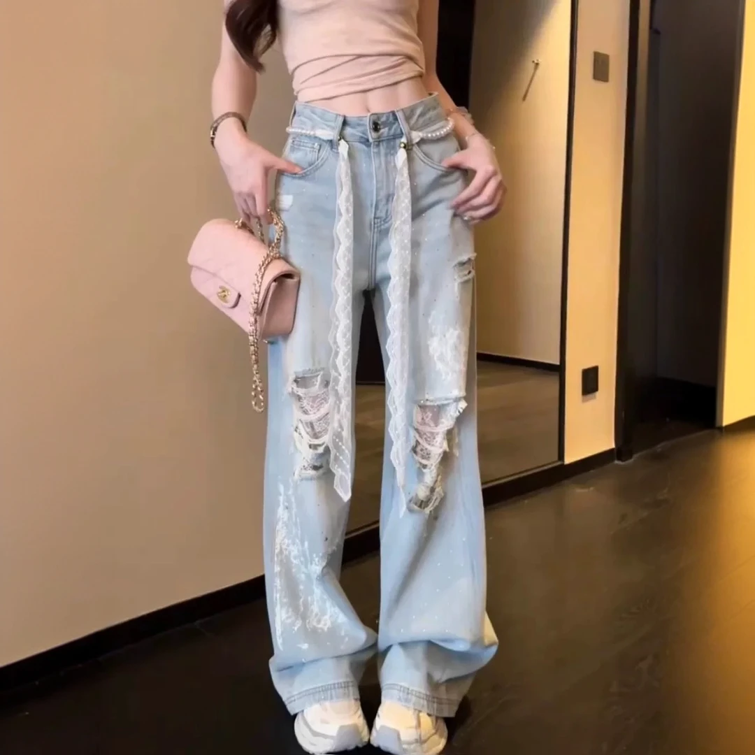 新款高腰破洞大码懒懒薄款宽松牛仔裤夏季直筒阔腿设计感女裤高街