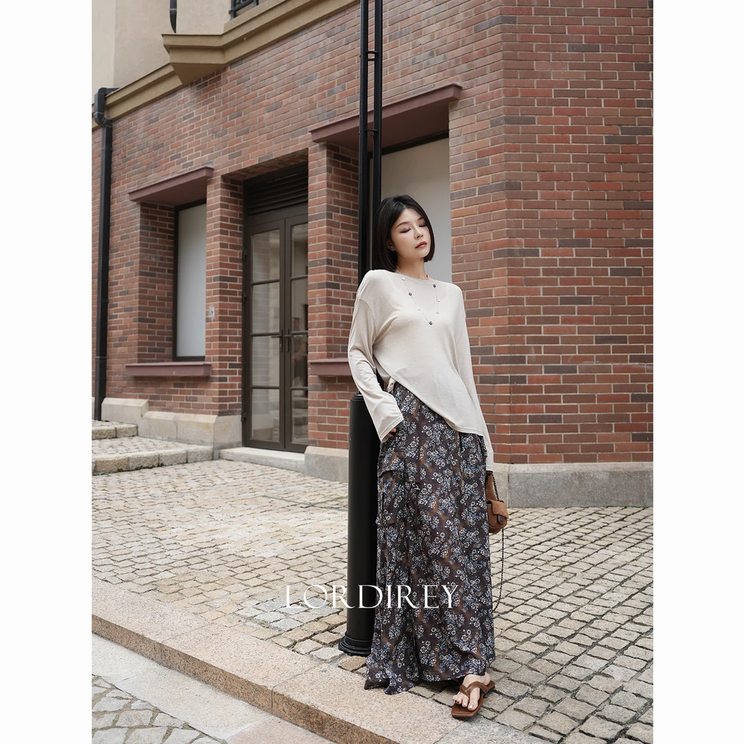 LORDIREY【松弛有度】新款腰部侧边口袋百搭印花长款半身裙653156