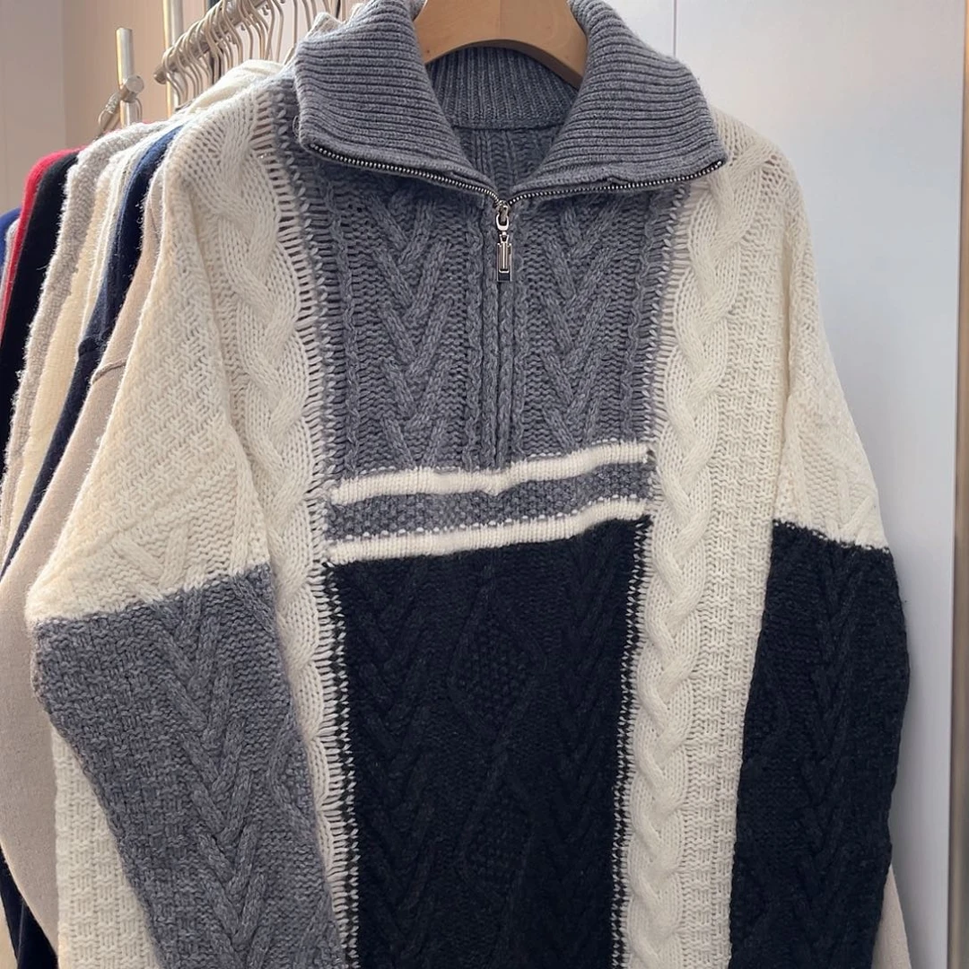 半拉链 纽花 拼色 羊绒衫