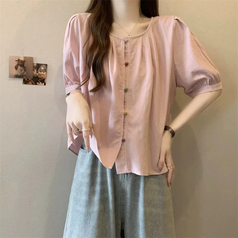 夏季纯色短袖圆领遮肚子大码女装衬衫女宽松彩色扣上衣显瘦衬衣女