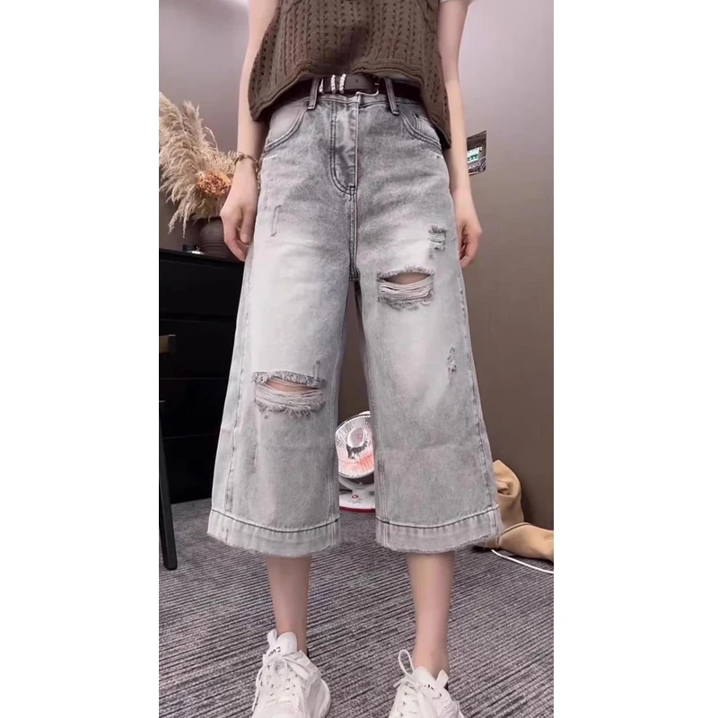 牛仔裤女士2025年夏季新款爆款裤子显瘦蓝色七分裤破洞宽松阔腿裤