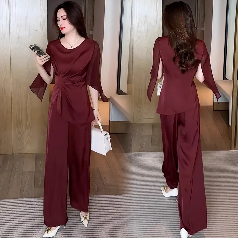 时尚洋气雪纺套装女2025夏季新款气质减龄显瘦上衣阔腿裤两件套