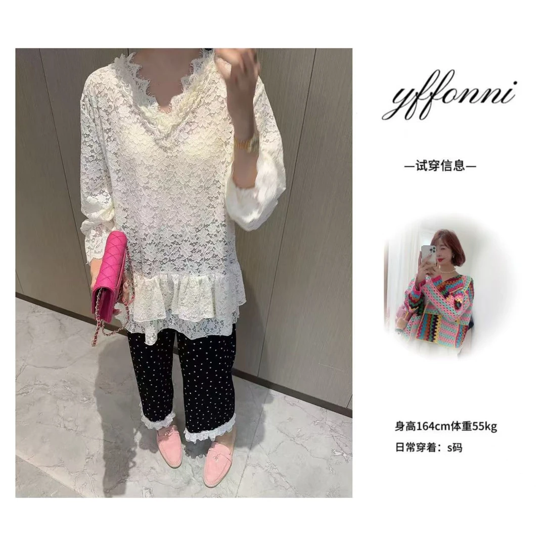 【YFONI】蕾丝荷叶边v领上衣